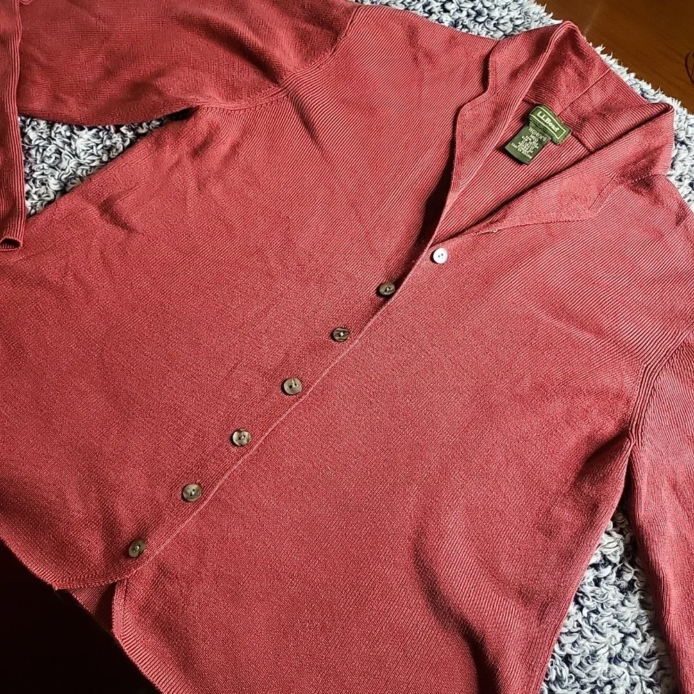 Womens L.L. Bean Sweater Cardi Silk Blend Burnt Red Cardigan Size M Indie Fall - Picture 7 of 11